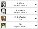 Une capture d'écran de l'application Chiens – Quiz sur les races, montrant différents types de quizz disponibles